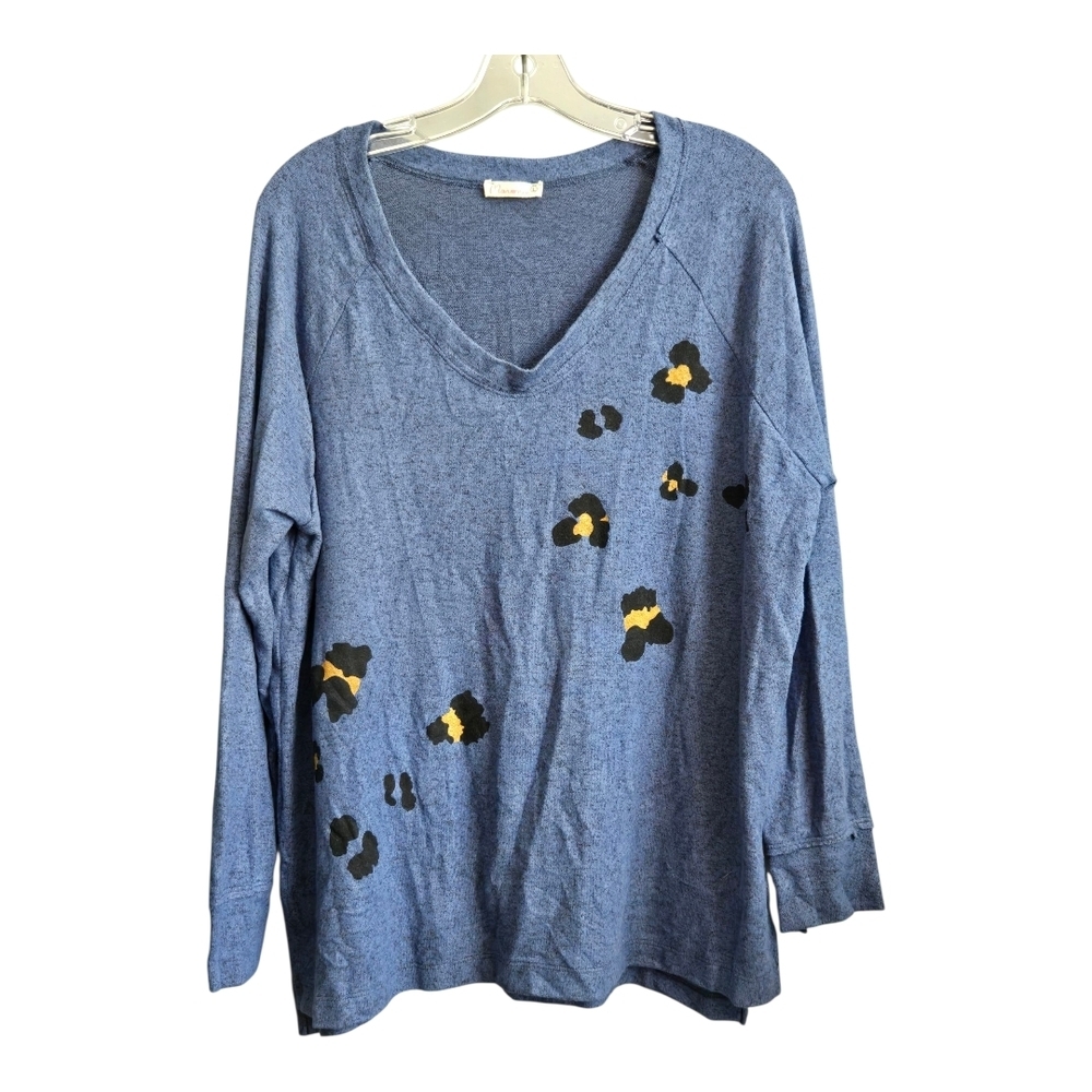 Maronie Animal Print Soft Knit Long Sleeve Sweater Top, Blue, Size Large